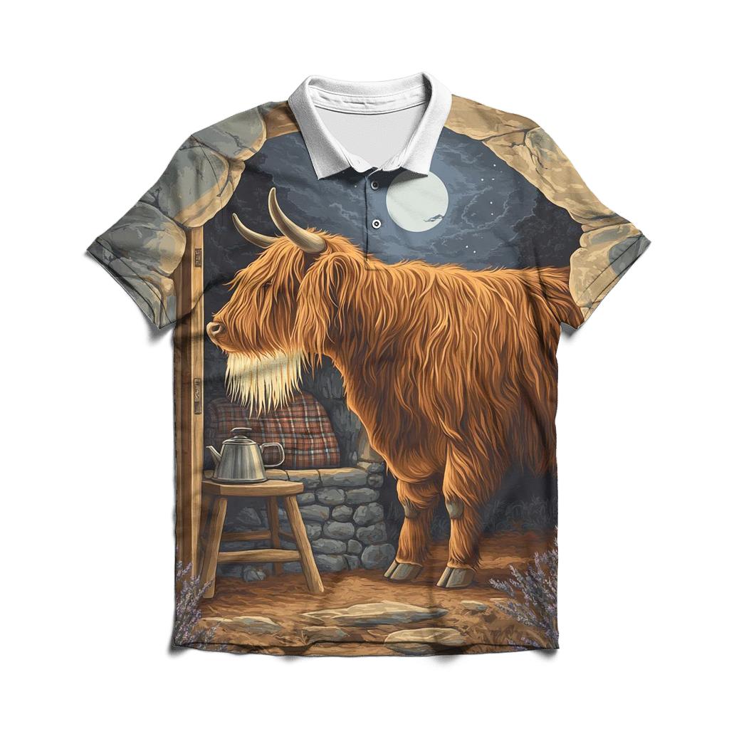 Highland Cow In Moonlit Bothy casual sports polo shirts
