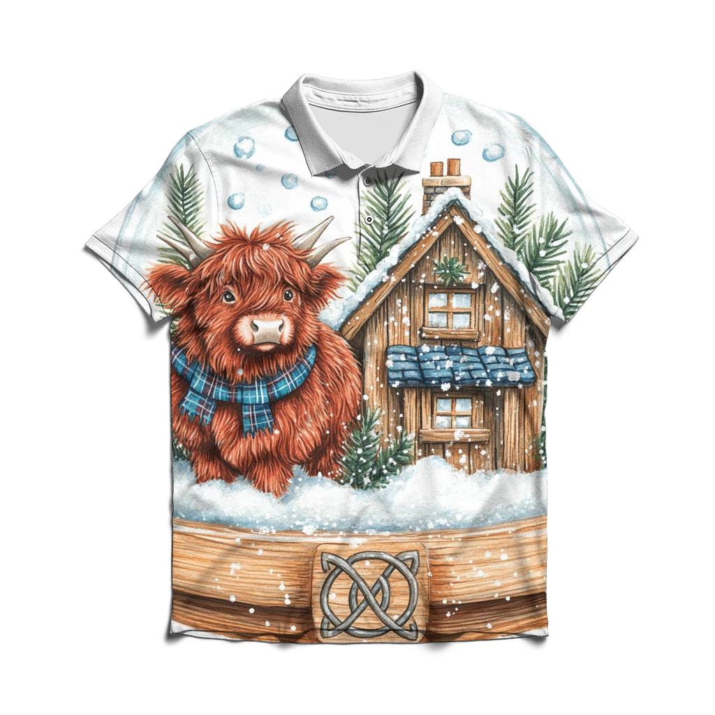 Highland Cow Snowglobe Cottage casual sports polo shirts