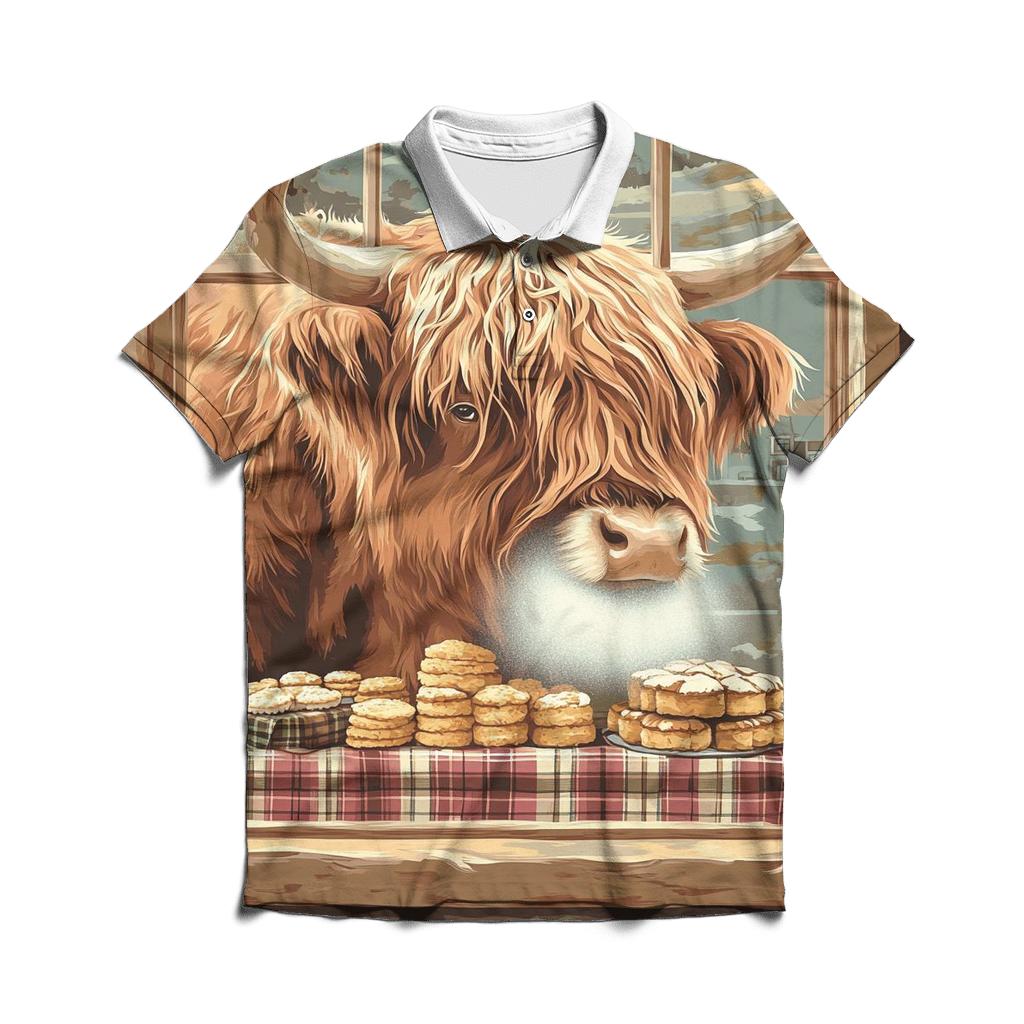 Highland Cow Bakery Window designer slim fit polos