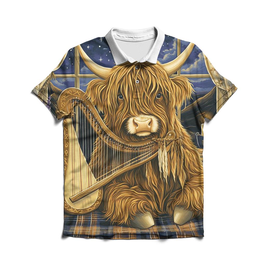Highland Cow Celestial Harp stylish collar polo tees