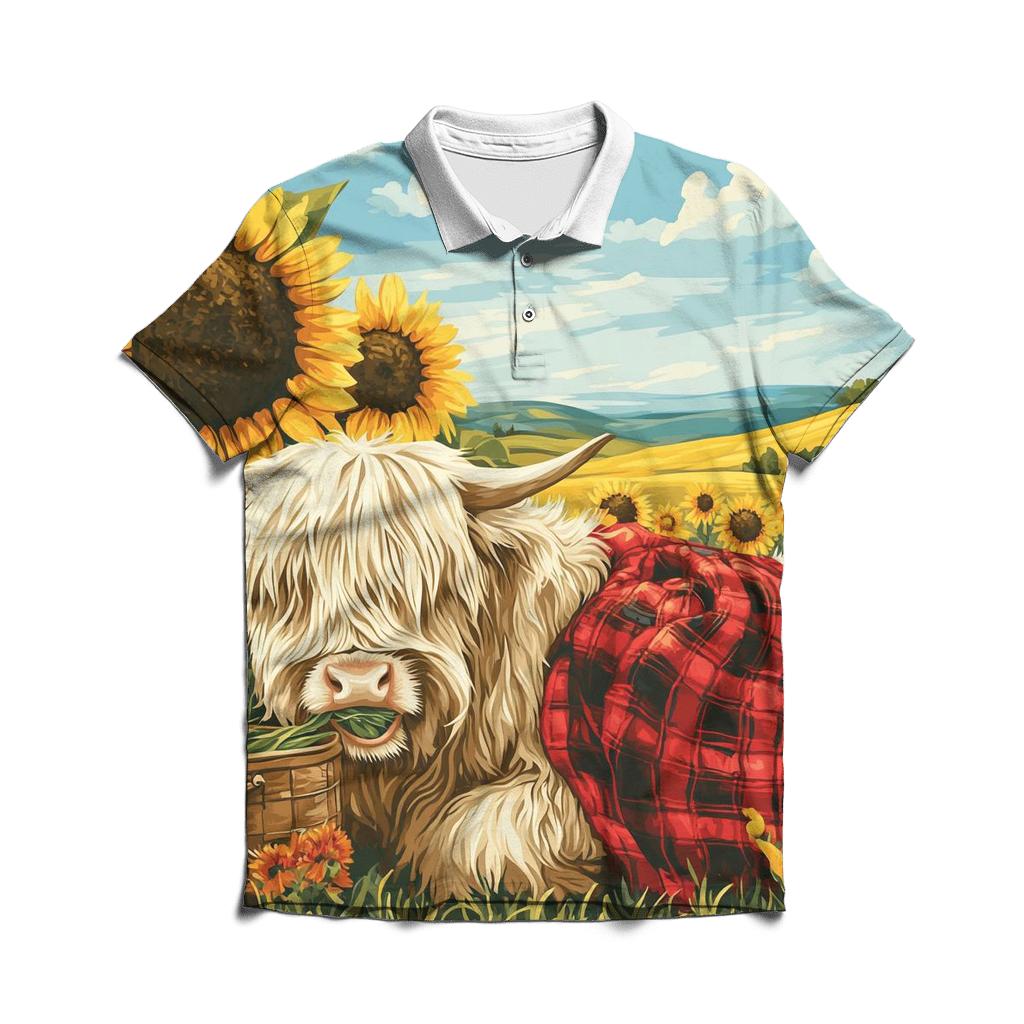 Highland Cow Sunflower Field Picnic premium cotton polo shirts