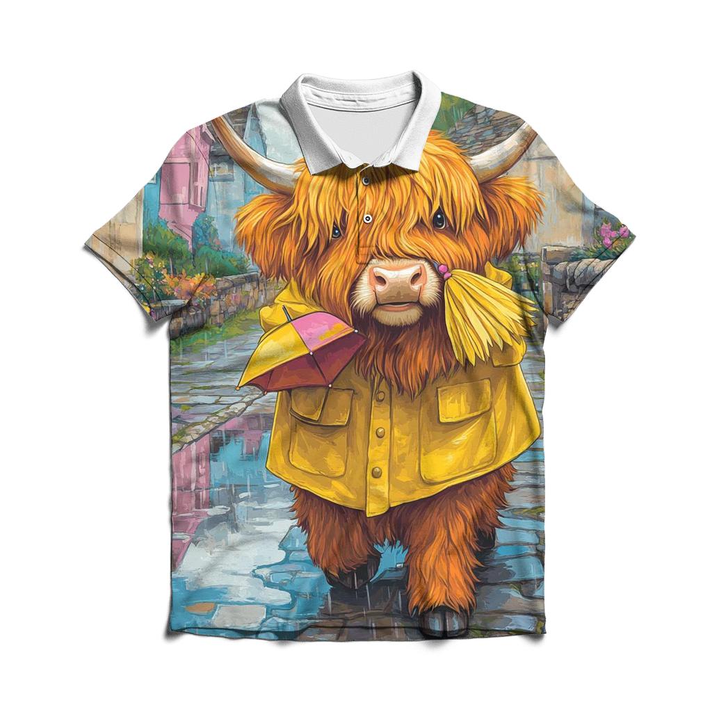 Highland Cow Raincoat Parade premium cotton polo shirts