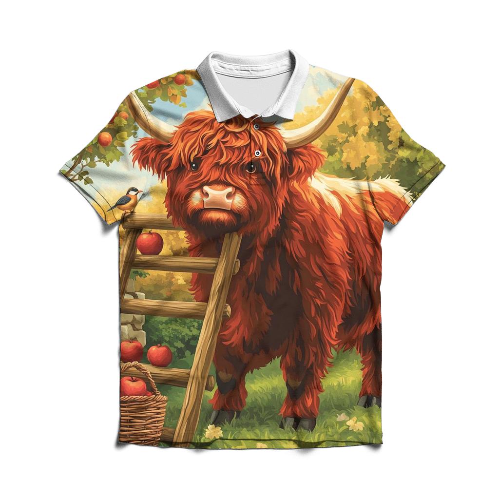 Highland Cow Orchard Ladder Helper designer slim fit polos