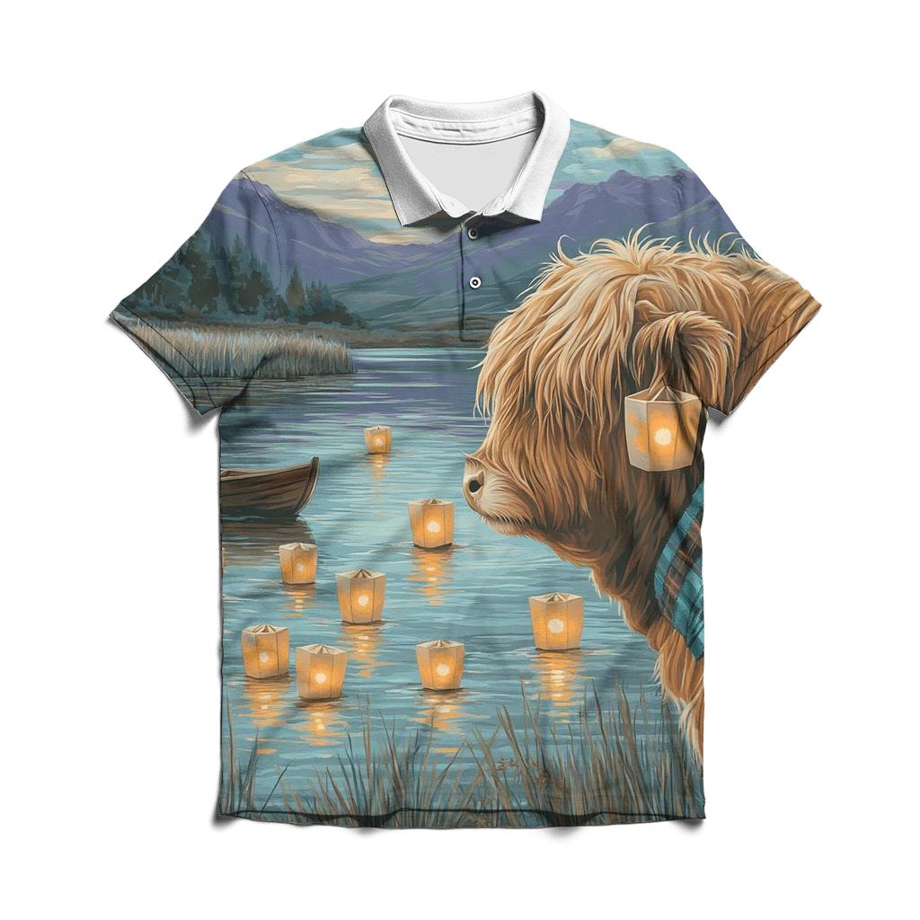 Lochside Lanterns Highland Cow Evening premium cotton polo shirts