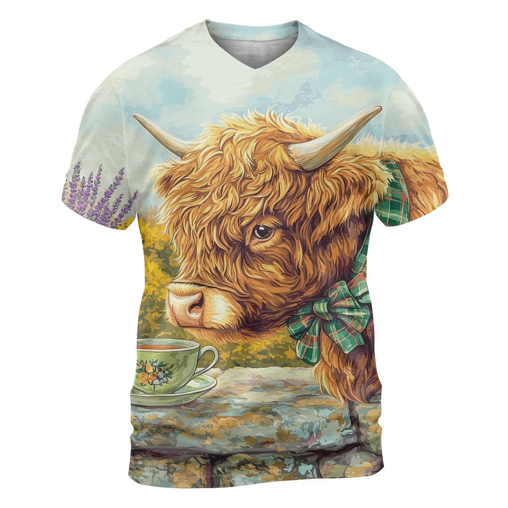 Tea Garden With Highland Cow Charm vibrant all-over design tees