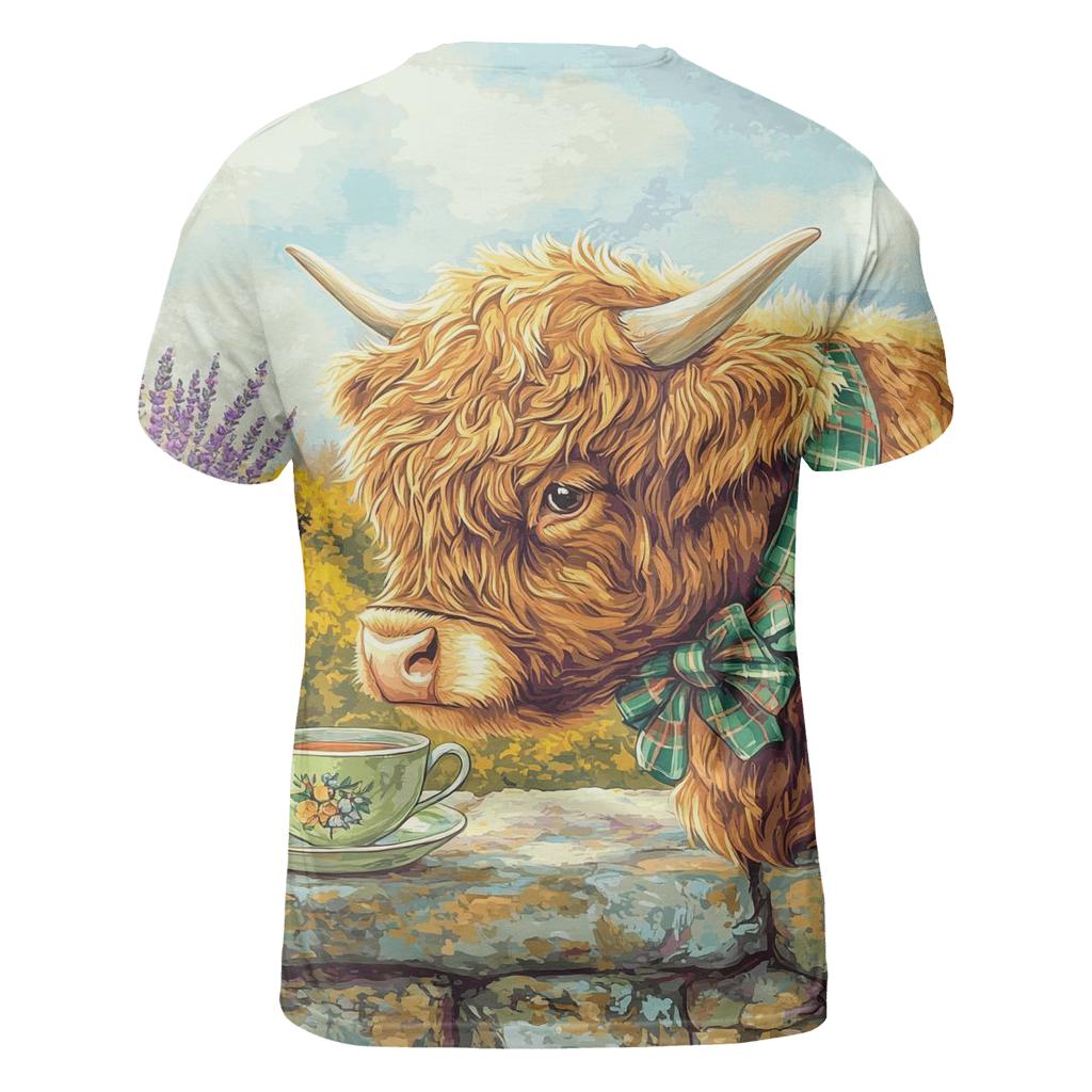 Tea Garden With Highland Cow Charm vibrant all-over design tees