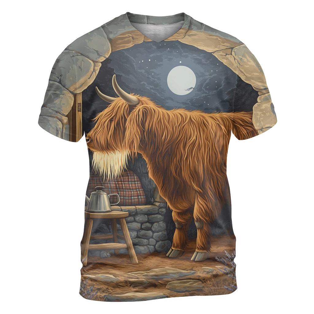 Highland Cow In Moonlit Bothy statement graphic shirts