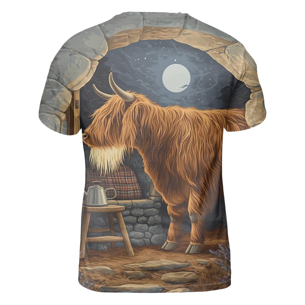 Highland Cow In Moonlit Bothy statement graphic shirts