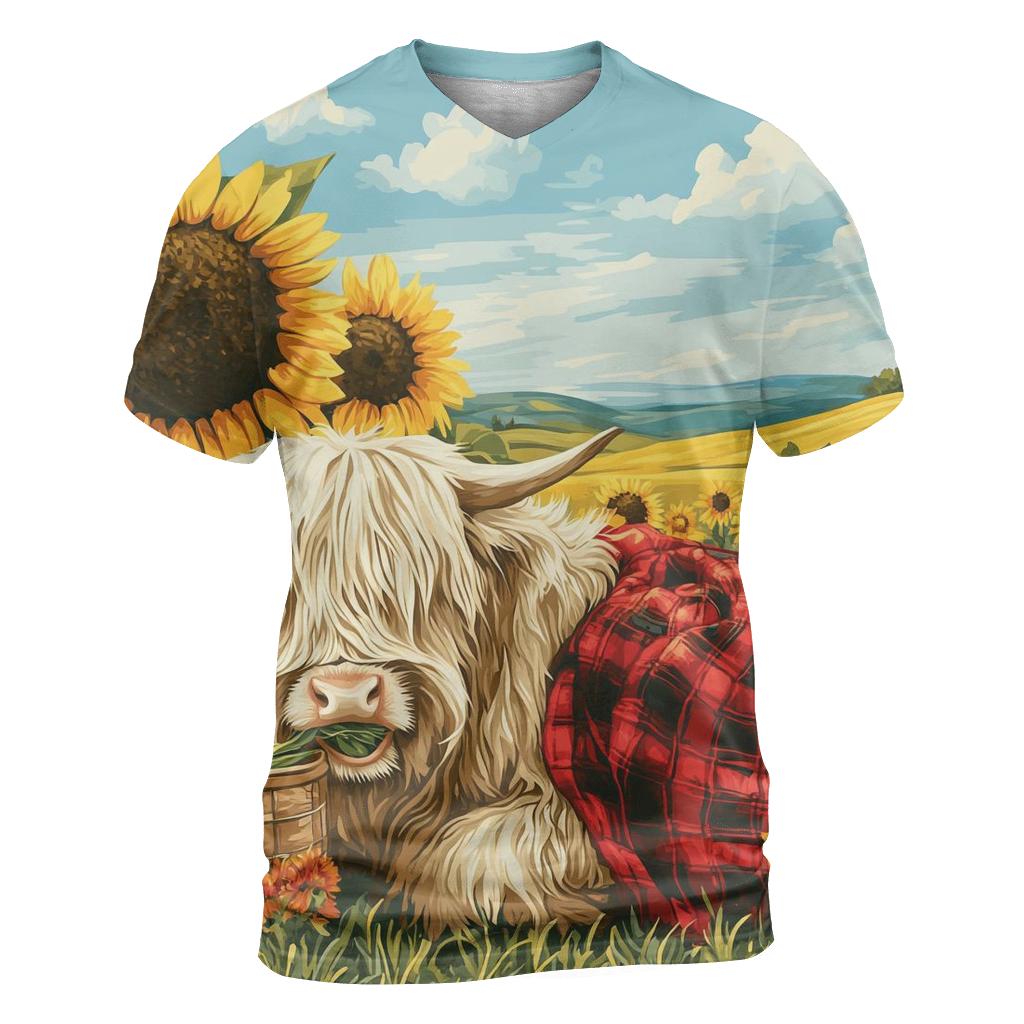 Highland Cow Sunflower Field Picnic trendy printed shirt styles