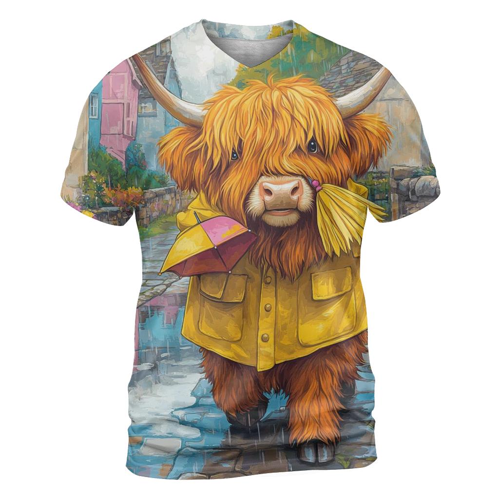 Highland Cow Raincoat Parade vibrant all-over design tees