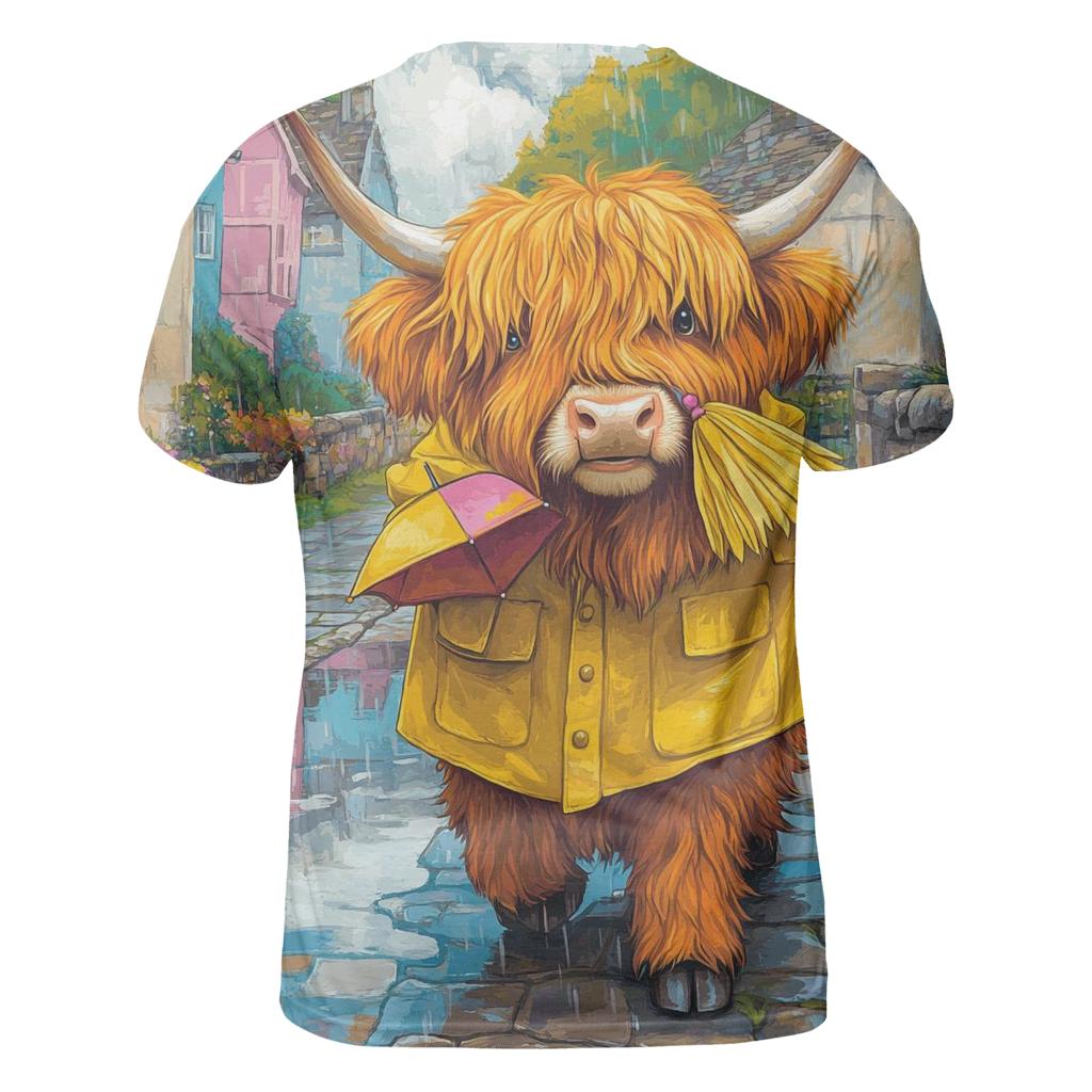 Highland Cow Raincoat Parade vibrant all-over design tees