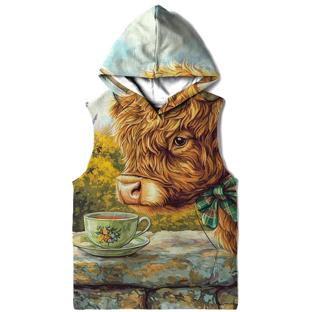 Tea Garden With Highland Cow Charm premium hoodies