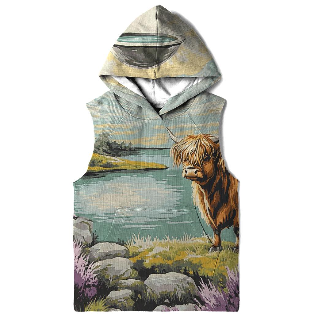 Highland Cow And The Floating Loch embroidered hoodies