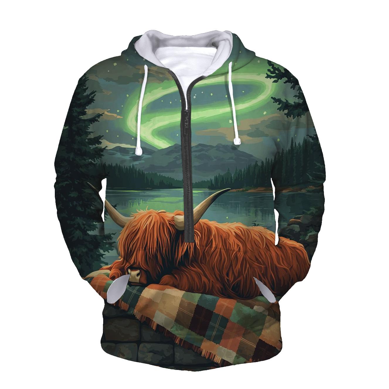 Highland Cow Under Aurora Quilts zip-up hoodies