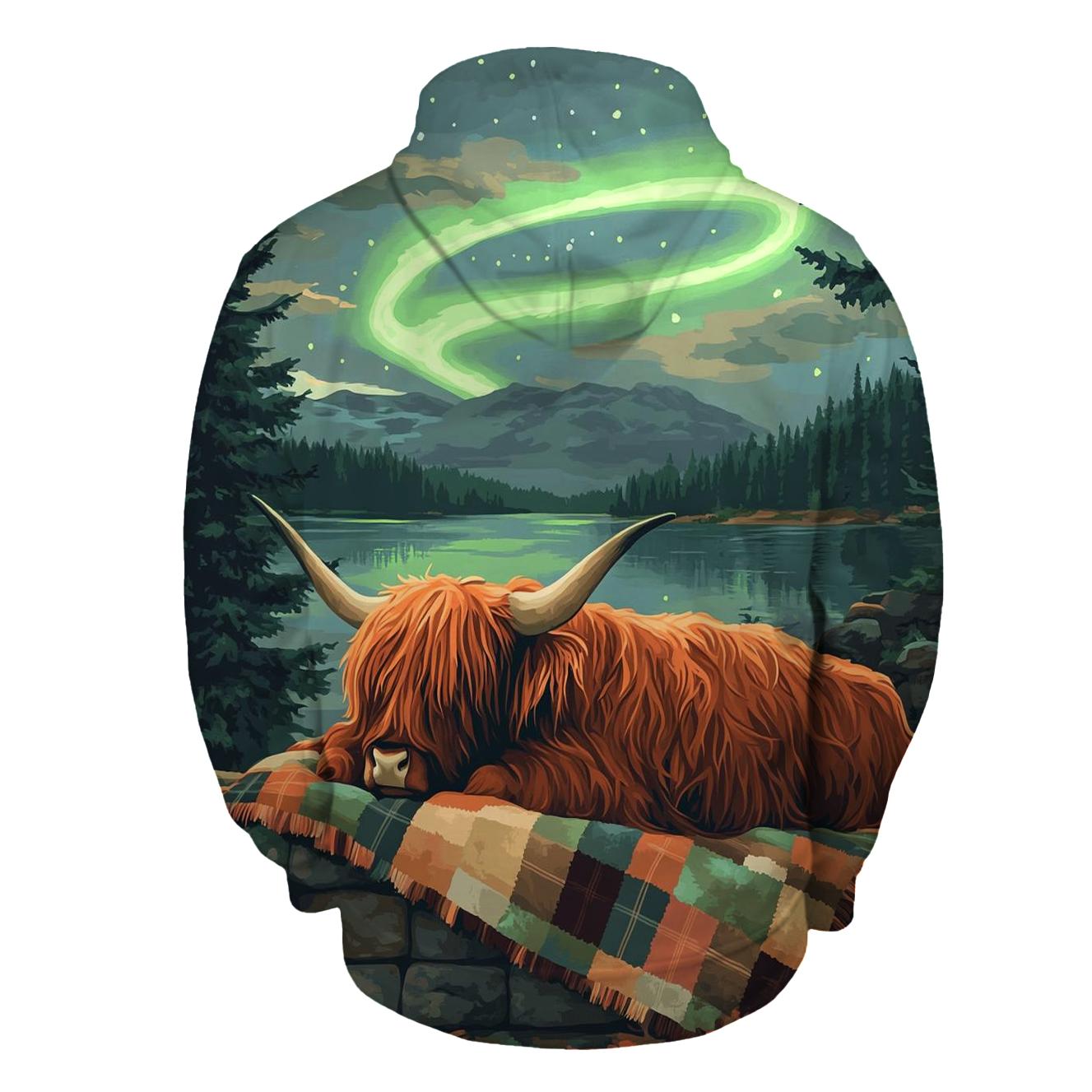 Highland Cow Under Aurora Quilts zip-up hoodies