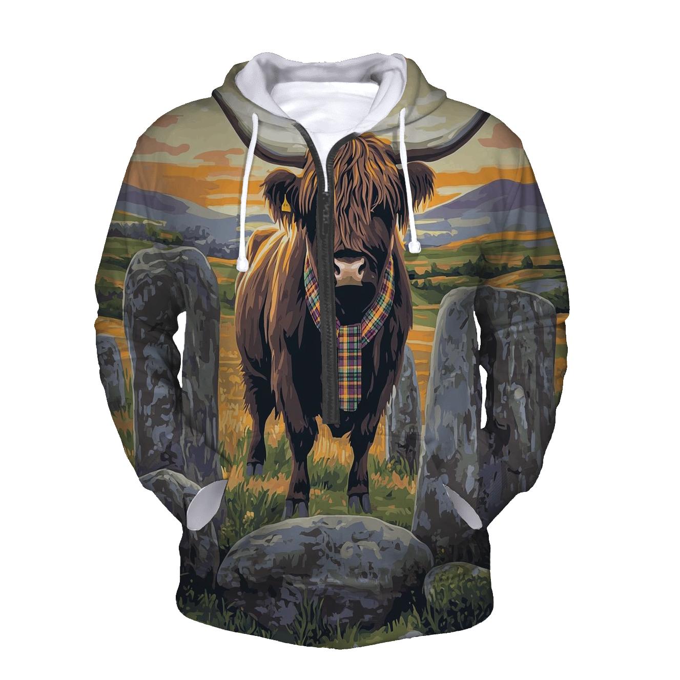 Stone Circle Highland Cow Sentinel zip-up hoodies