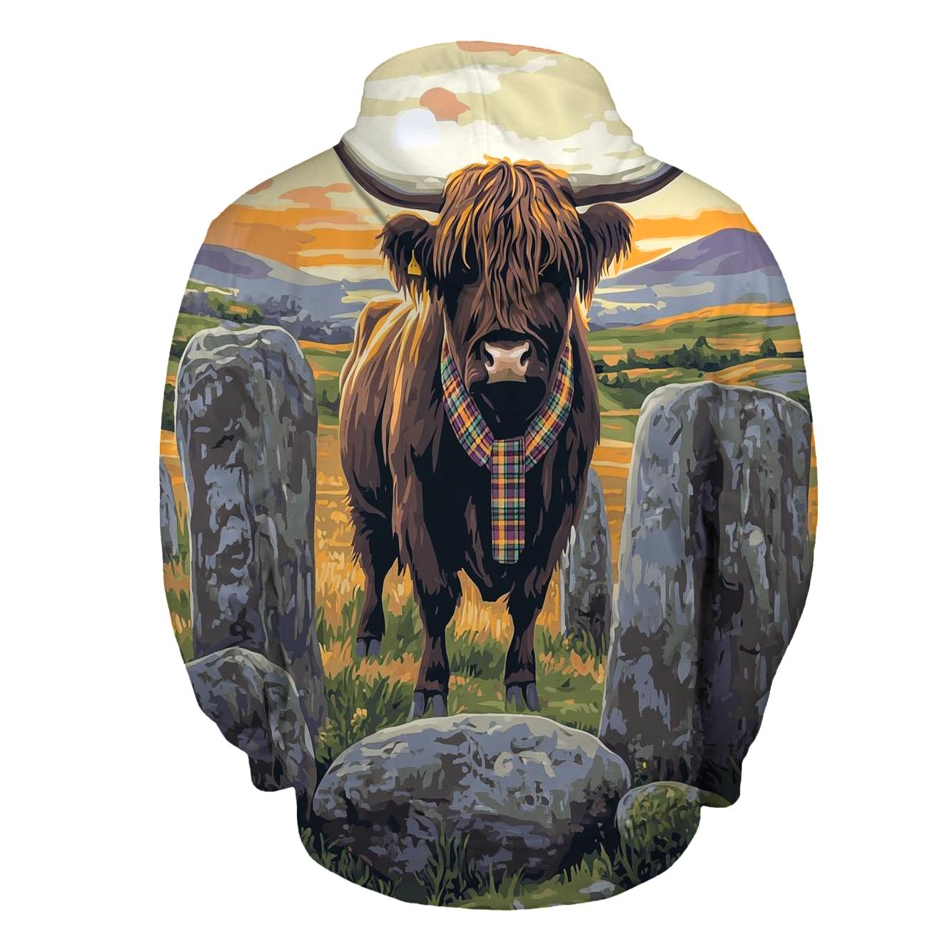 Stone Circle Highland Cow Sentinel zip-up hoodies