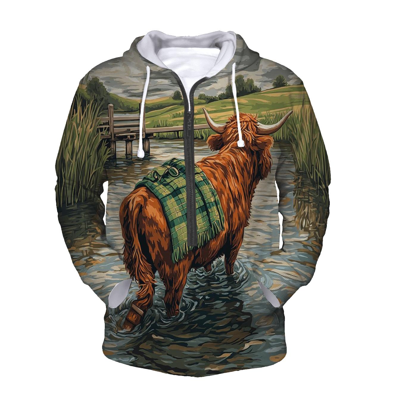 River Ford Highland Cow Guide graphic hoodies