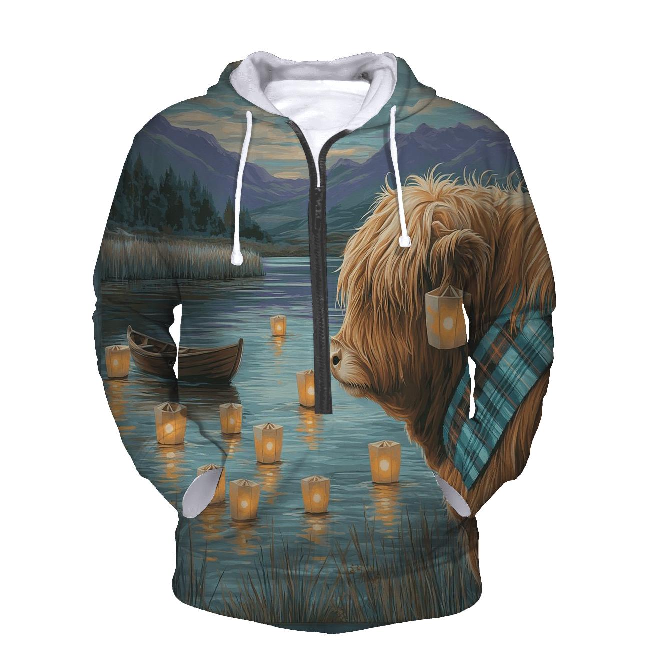 Lochside Lanterns Highland Cow Evening pullover hoodies