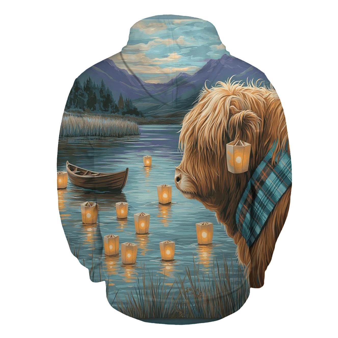 Lochside Lanterns Highland Cow Evening pullover hoodies