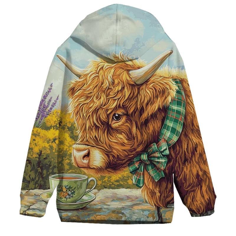 Tea Garden With Highland Cow Charm graphic hoodies