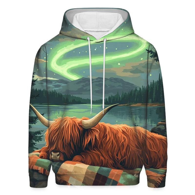Highland Cow Under Aurora Quilts printed hoodies