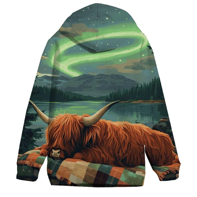 Highland Cow Under Aurora Quilts printed hoodies