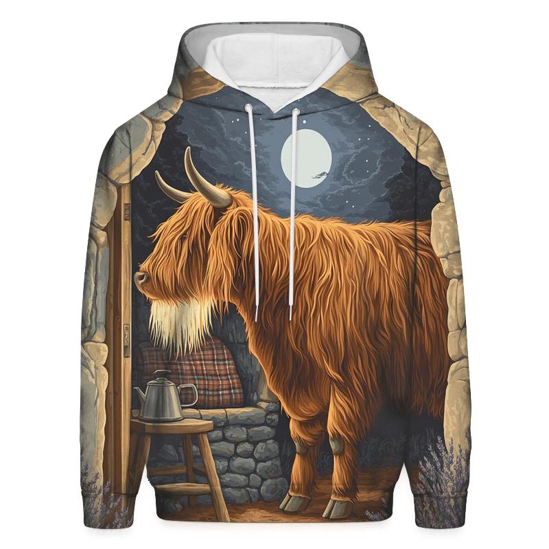 Highland Cow In Moonlit Bothy zip-up hoodies