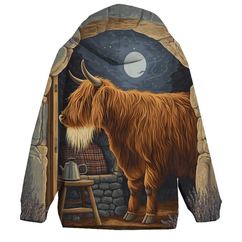 Highland Cow In Moonlit Bothy zip-up hoodies