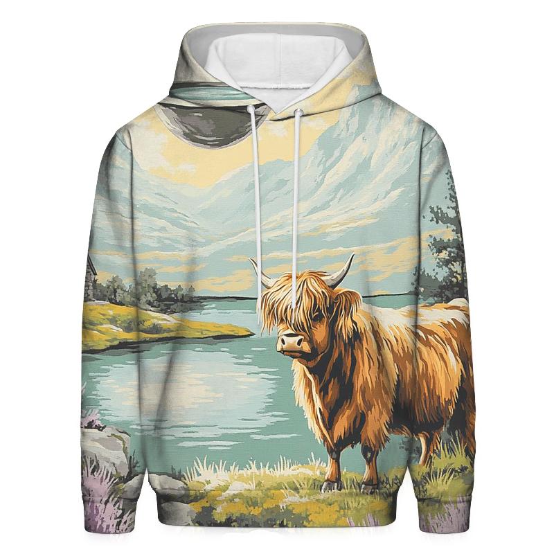 Highland Cow And The Floating Loch designer hoodies