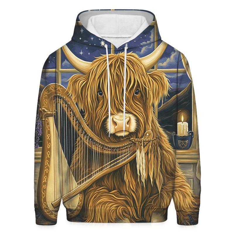Highland Cow Celestial Harp designer hoodies