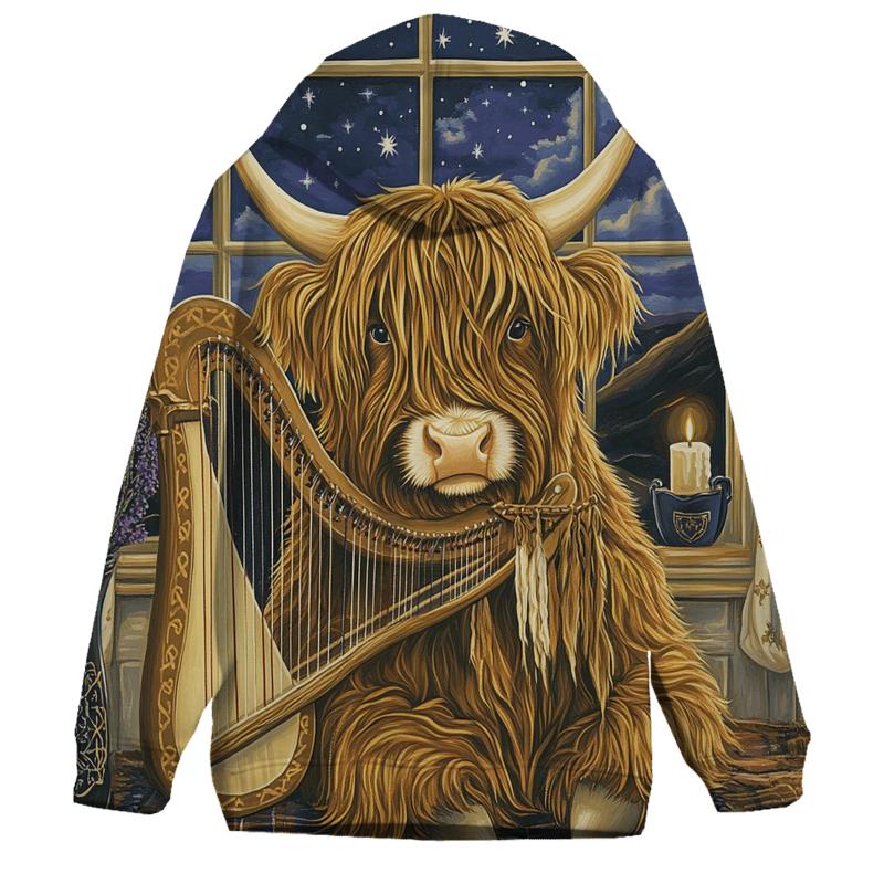 Highland Cow Celestial Harp designer hoodies