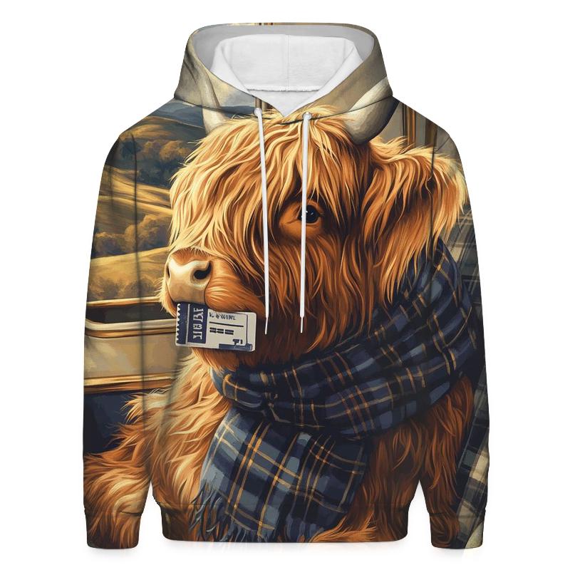 Night Train Highland Cow Traveler graphic hoodies
