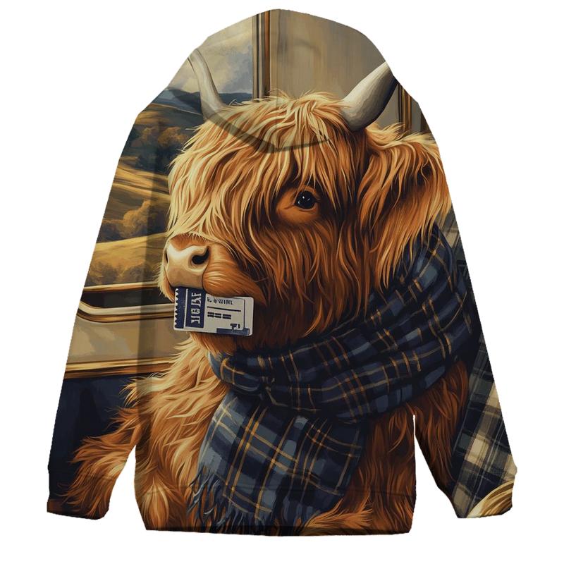 Night Train Highland Cow Traveler graphic hoodies