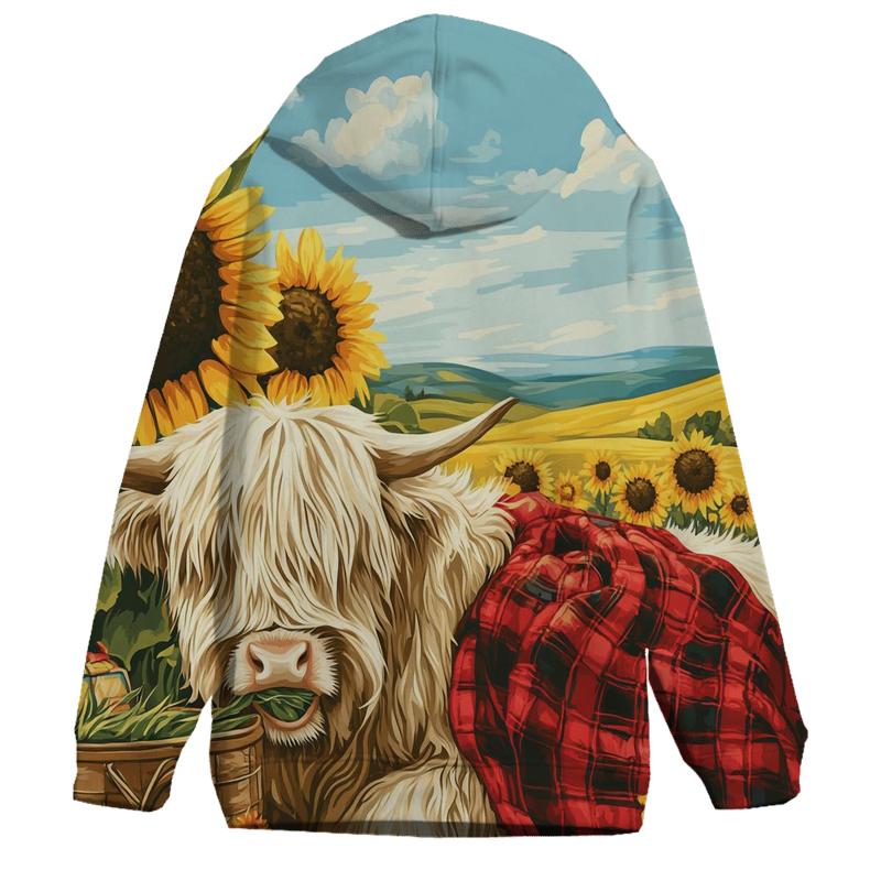 Highland Cow Sunflower Field Picnic printed hoodies
