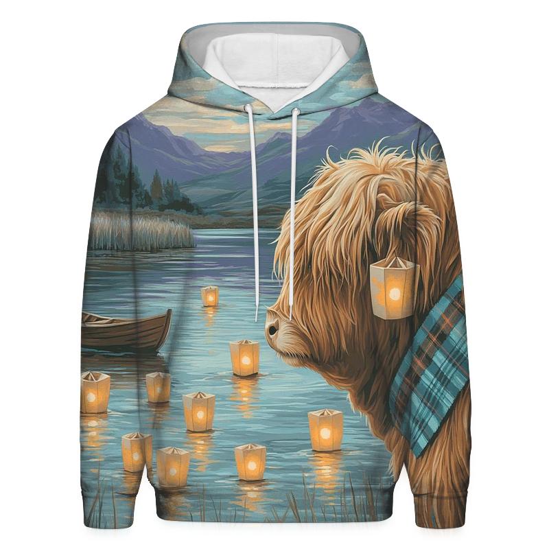 Lochside Lanterns Highland Cow Evening custom hoodies