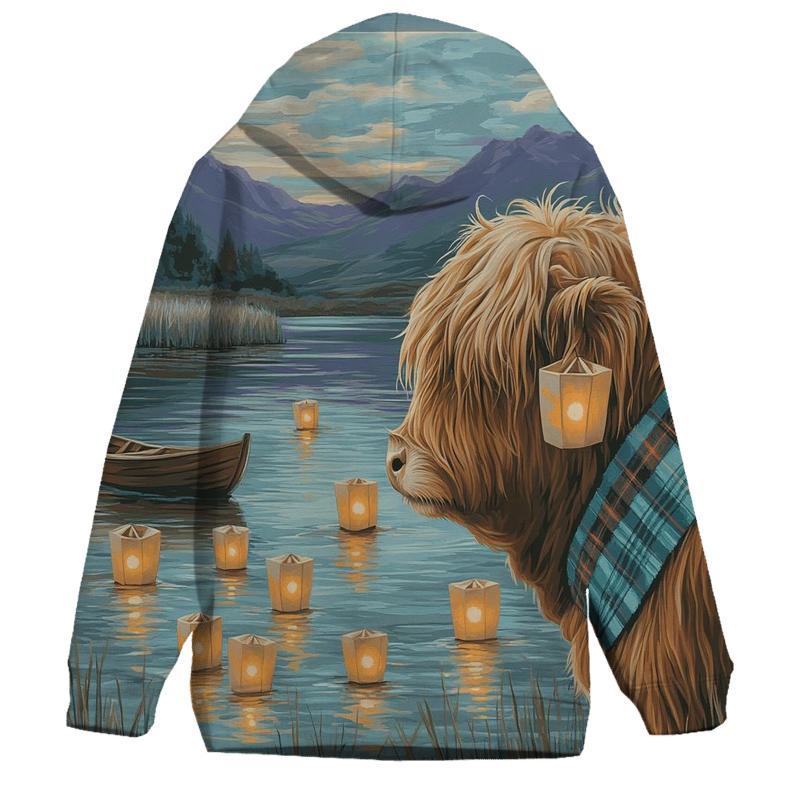 Lochside Lanterns Highland Cow Evening custom hoodies