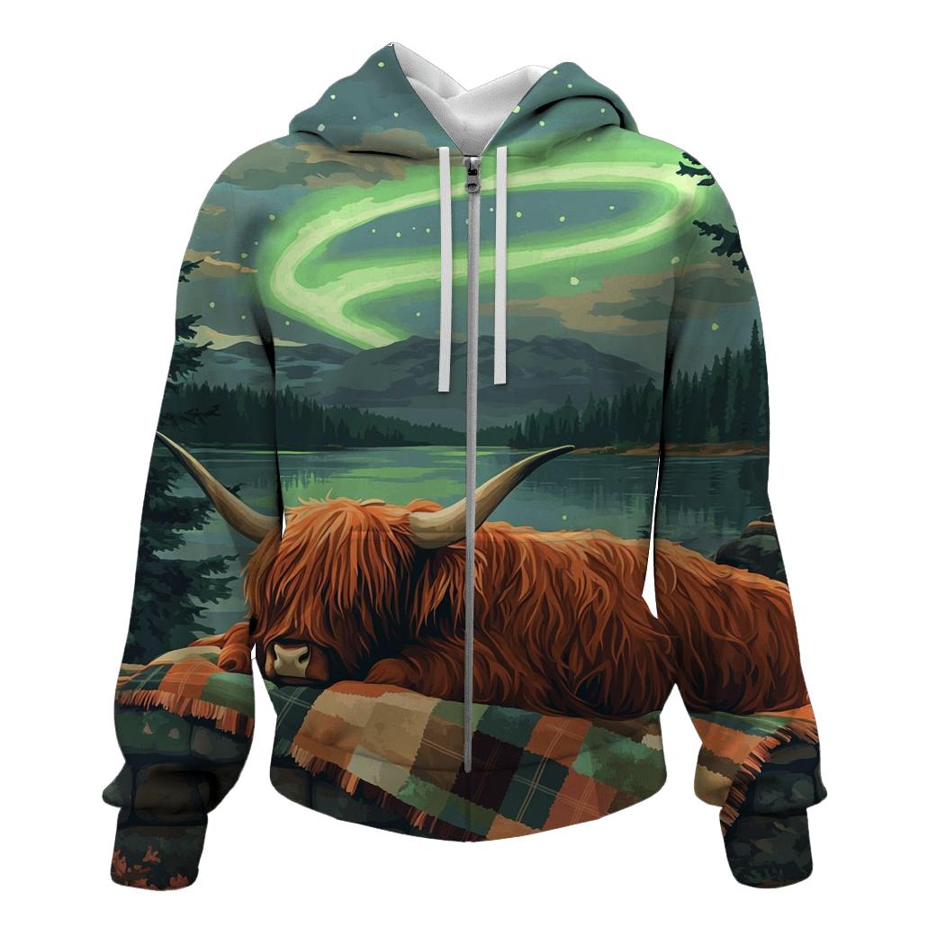 Highland Cow Under Aurora Quilts embroidered hoodies