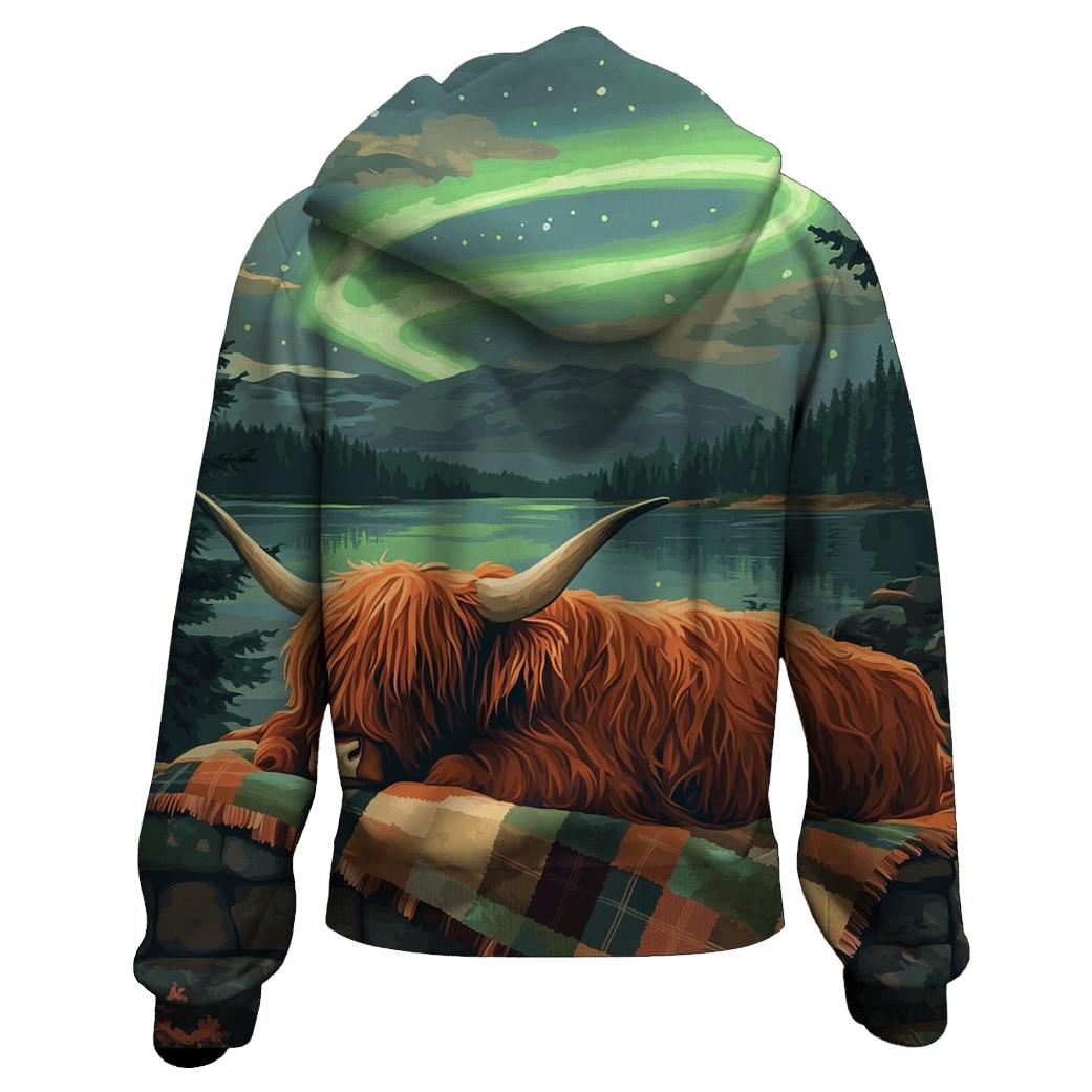 Highland Cow Under Aurora Quilts embroidered hoodies