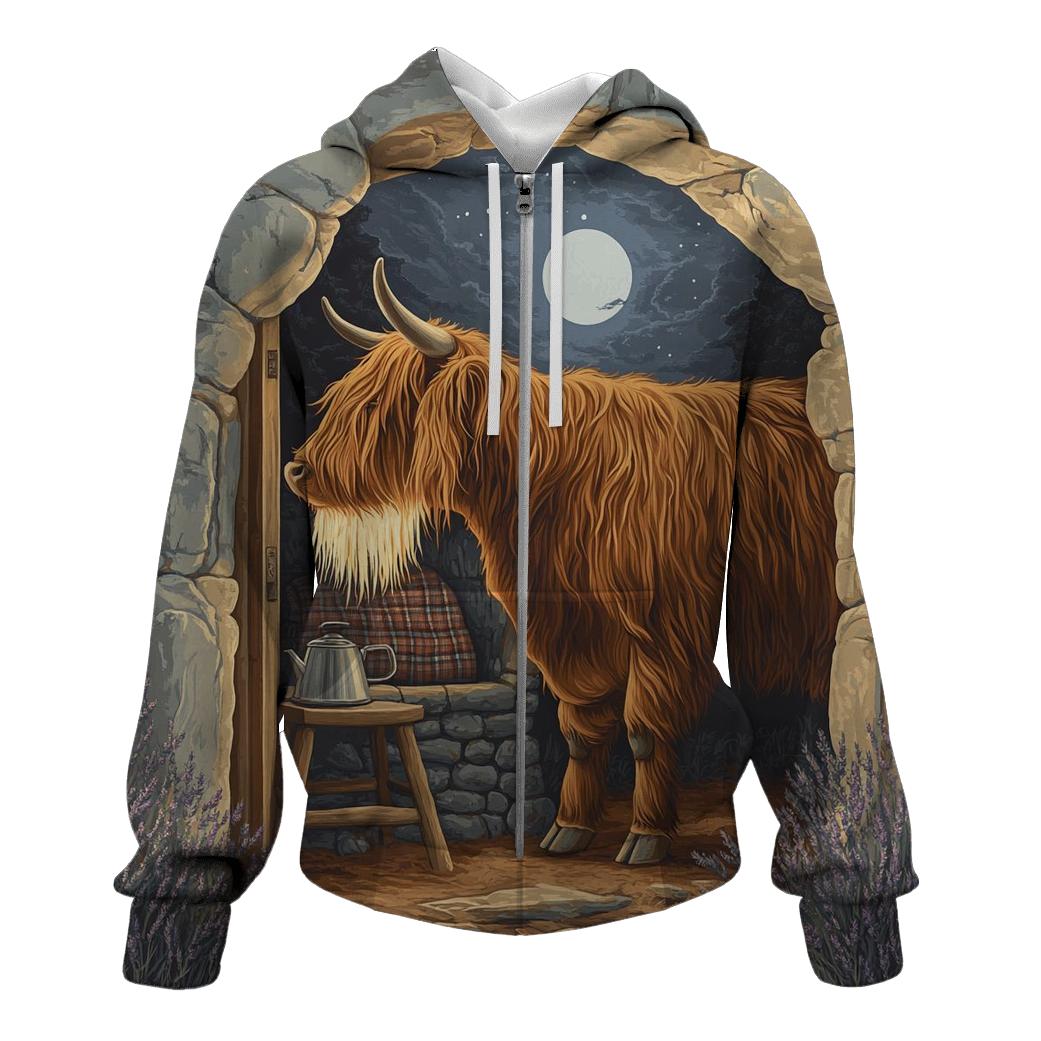 Highland Cow In Moonlit Bothy pullover hoodies