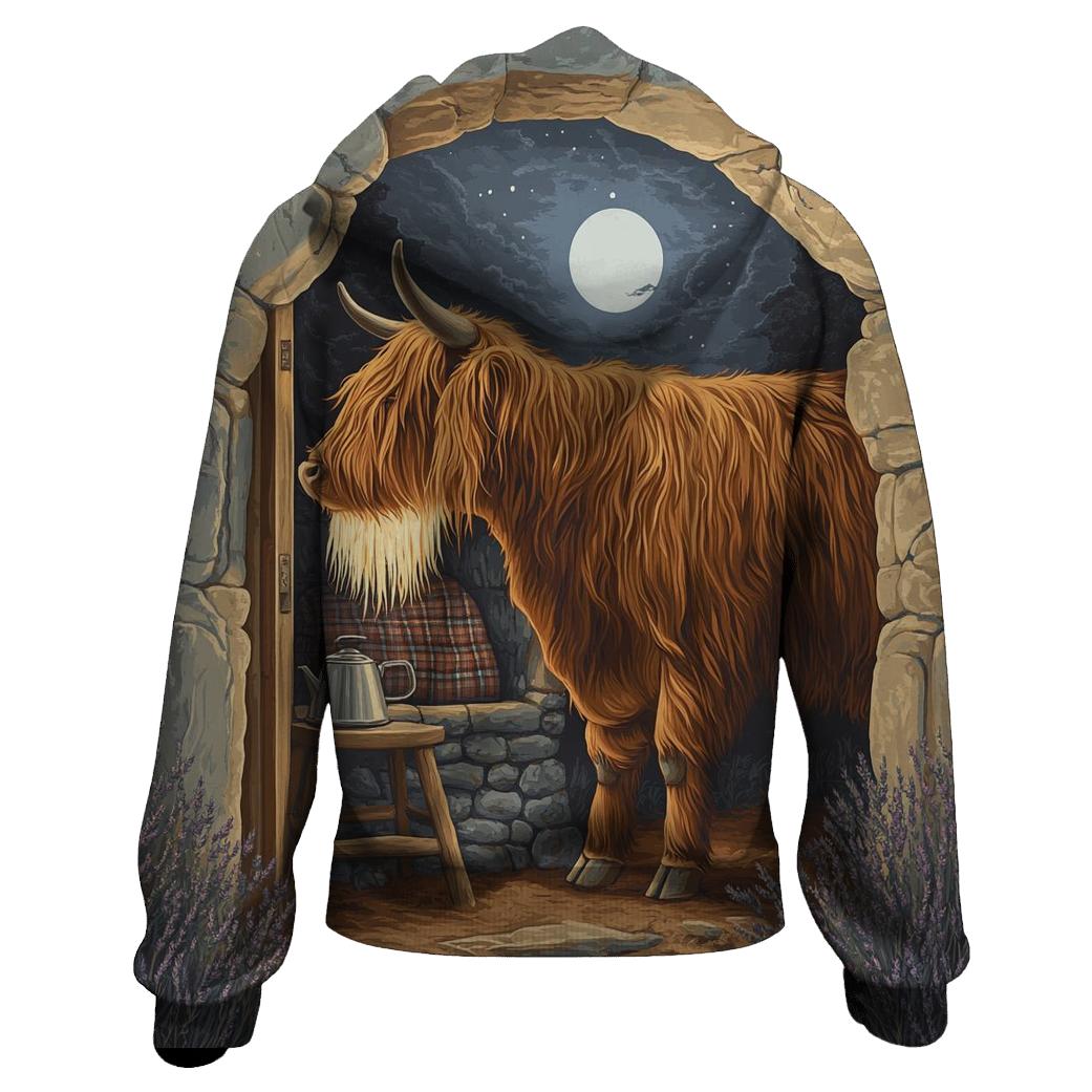 Highland Cow In Moonlit Bothy pullover hoodies