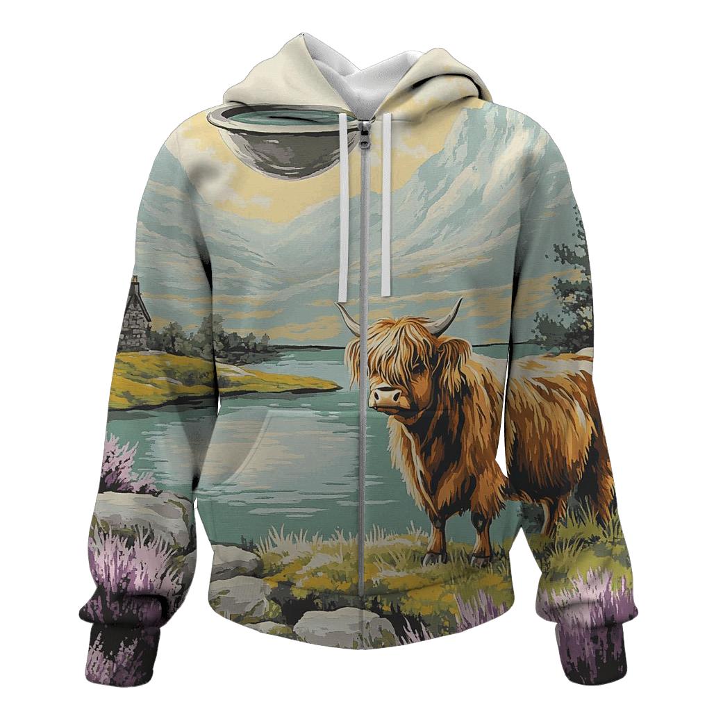 Highland Cow And The Floating Loch premium hoodies