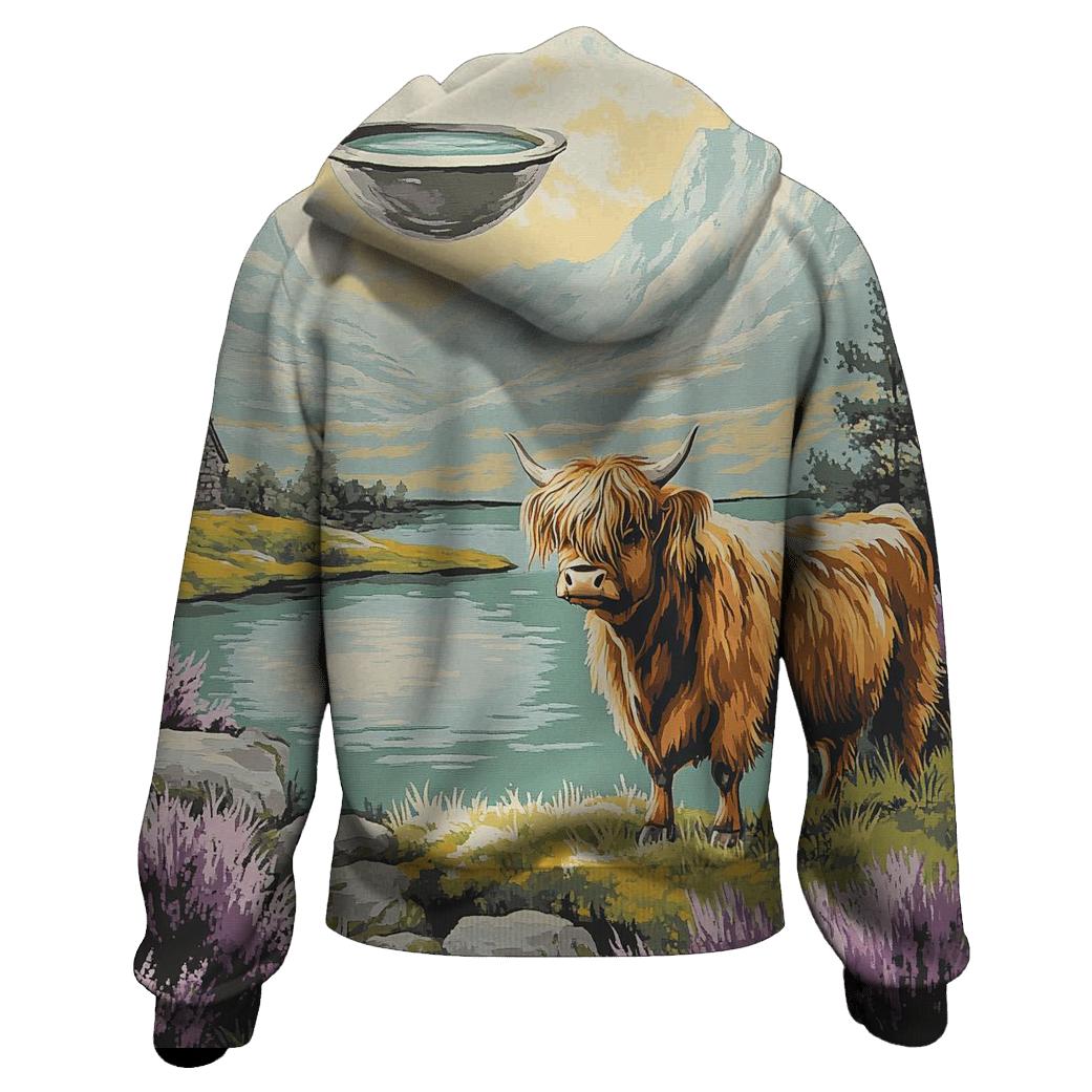 Highland Cow And The Floating Loch premium hoodies