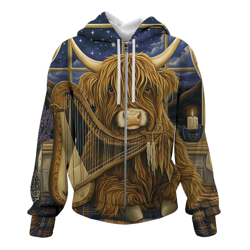 Highland Cow Celestial Harp lightweight hoodies