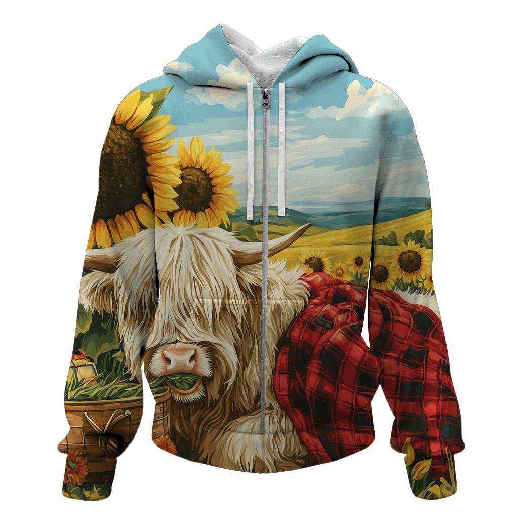 Highland Cow Sunflower Field Picnic lightweight hoodies