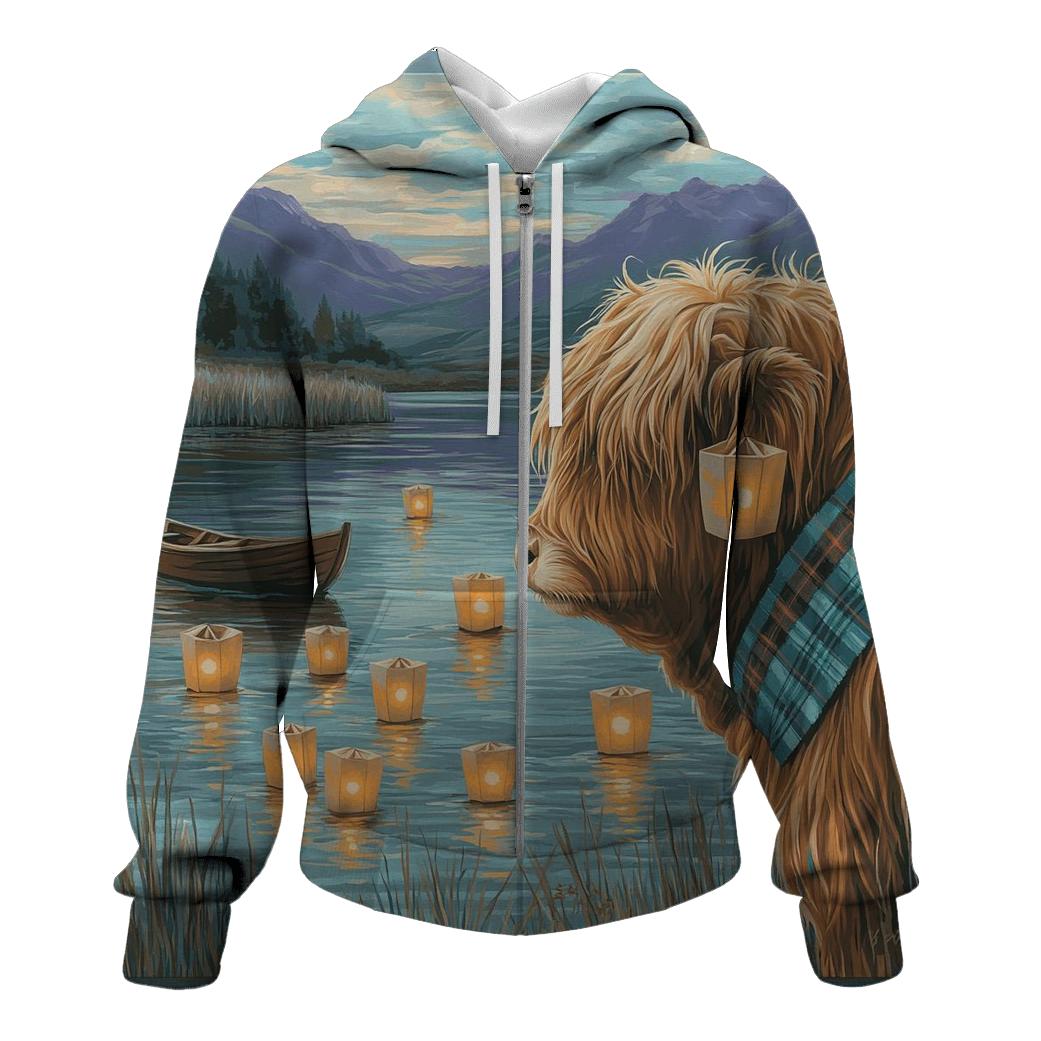 Lochside Lanterns Highland Cow Evening embroidered hoodies