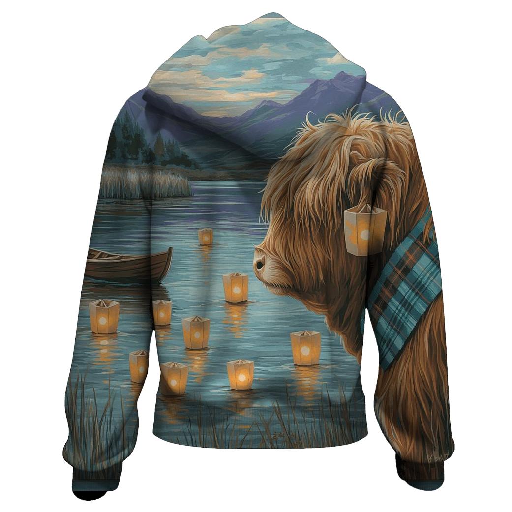 Lochside Lanterns Highland Cow Evening embroidered hoodies