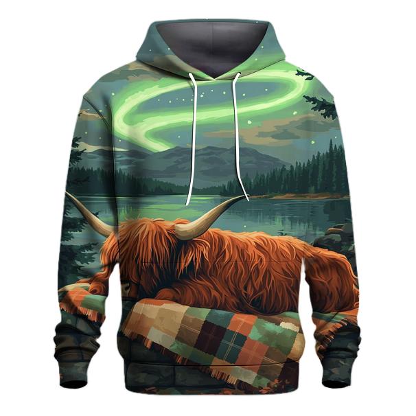 Highland Cow Under Aurora Quilts printed hoodies