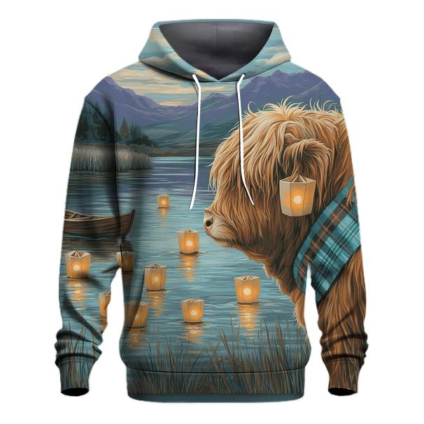 Lochside Lanterns Highland Cow Evening designer hoodies