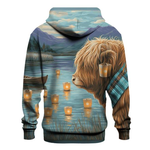 Lochside Lanterns Highland Cow Evening designer hoodies